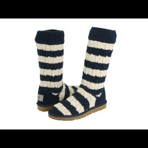 ugg classic tall stripe cable knit blue and white
